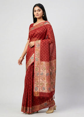 Maroon Kora Silk Saree With Blouse Piece