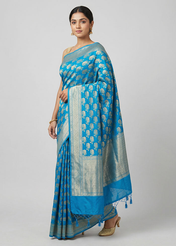Blue Kora Silk Saree With Blouse Piece