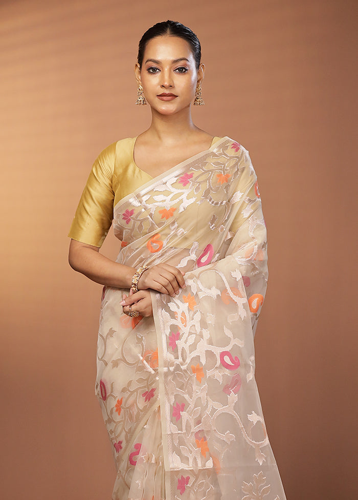 Cream Organza Saree With Blouse Piece