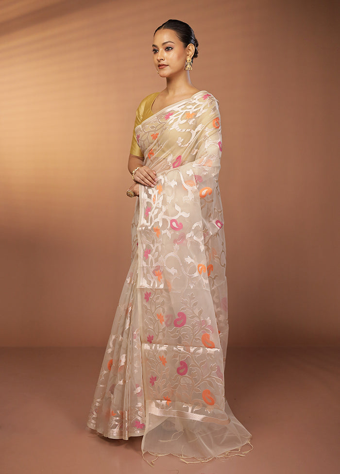 Cream Organza Saree With Blouse Piece