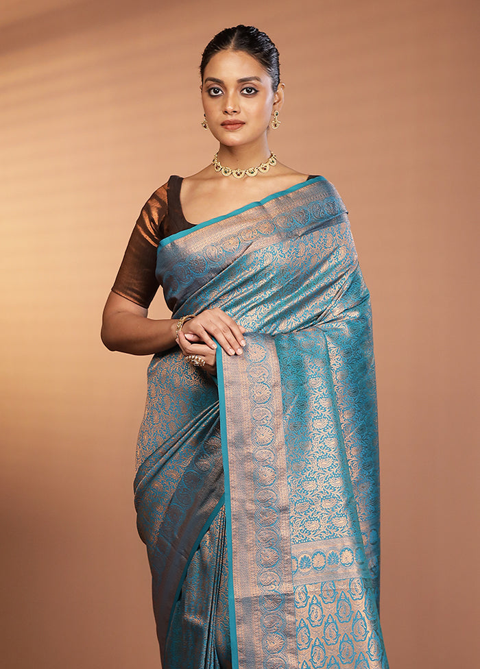 Blue Kanjivaram Silk Saree With Blouse Piece