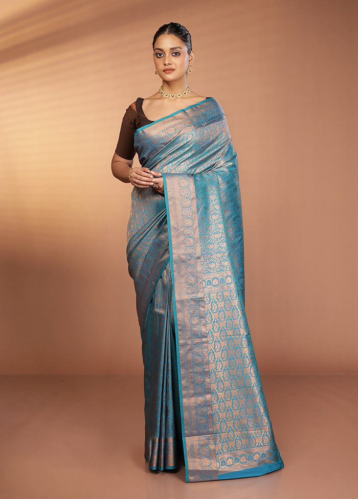 Blue Kanjivaram Silk Saree With Blouse Piece