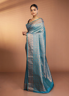 Blue Kanjivaram Silk Saree With Blouse Piece
