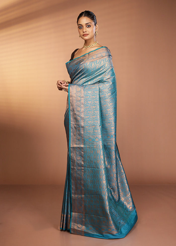 Blue Kanjivaram Silk Saree With Blouse Piece