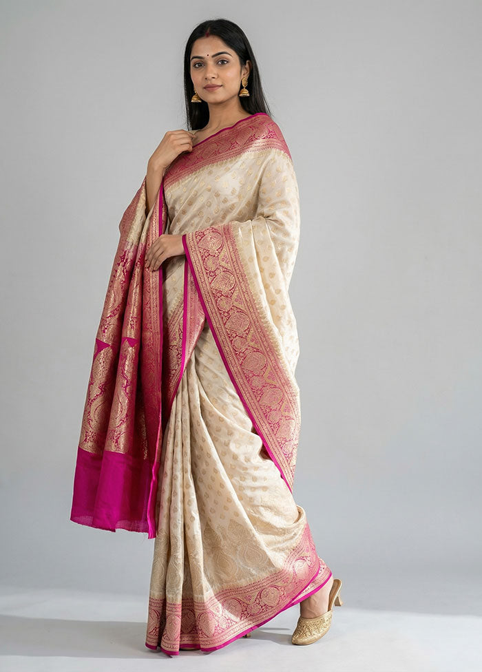 Cream Banarasi Silk Saree With Blouse Piece