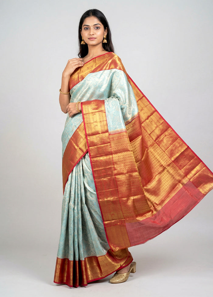Blue Handloom Kanchipuram Pure Silk Saree With Blouse Piece