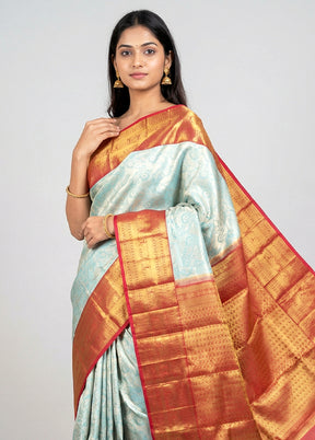 Blue Handloom Kanchipuram Pure Silk Saree With Blouse Piece