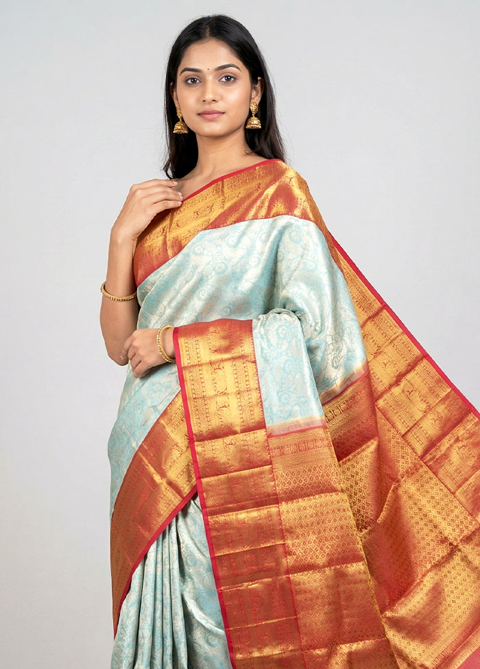 Blue Handloom Kanchipuram Pure Silk Saree With Blouse Piece