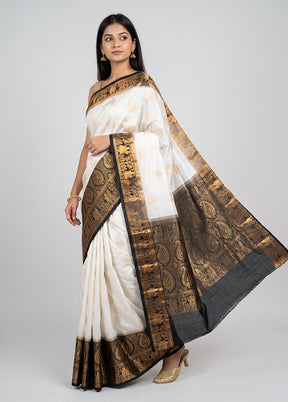 White Handloom Kanjivaram Pure Silk Saree With Blouse Piece