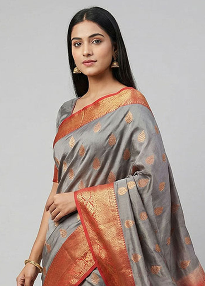 Grey Kanjivaram Silk Saree With Blouse Piece