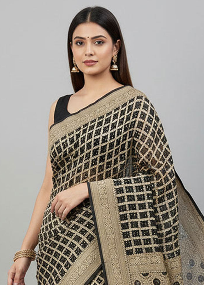 Black Bandhej Silk Saree With Blouse Piece