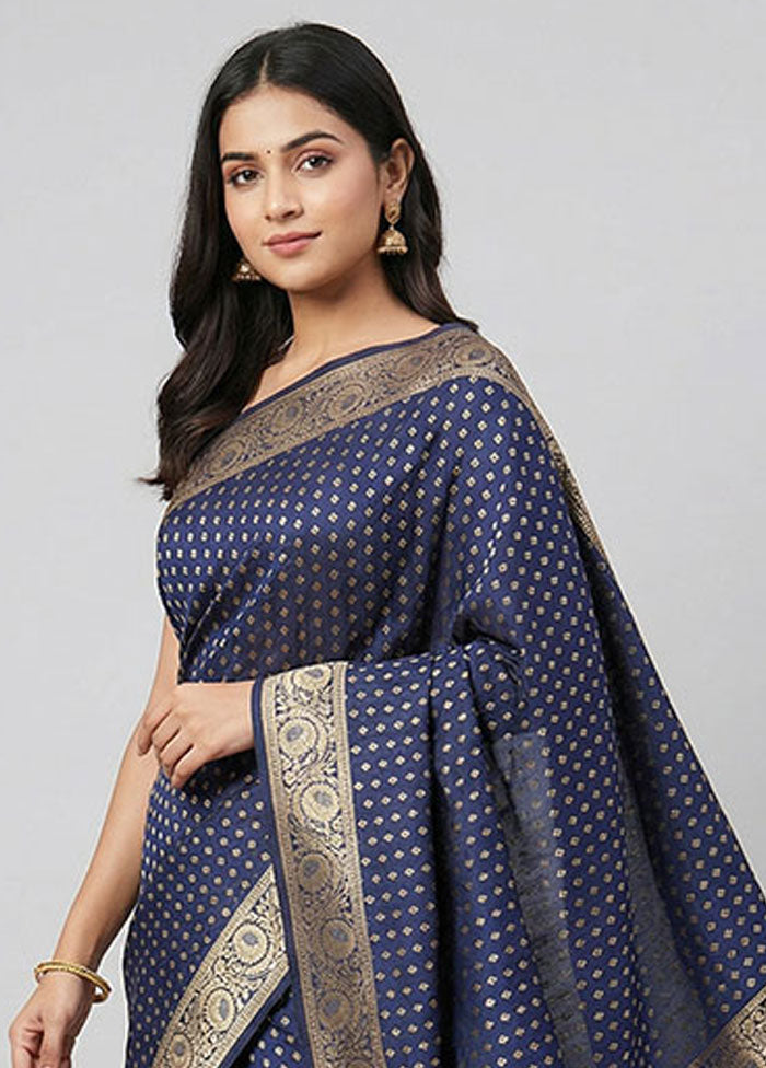 Blue Dupion Silk Saree With Blouse Piece
