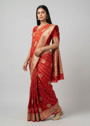 Red Dupion Silk Saree With Blouse Piece