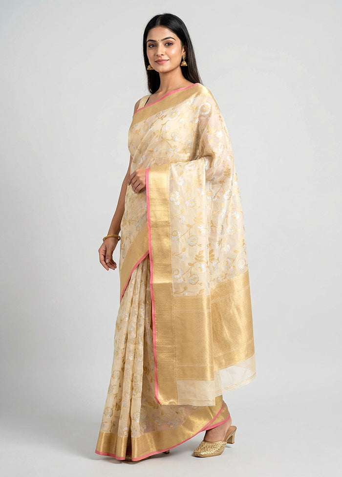 Cream Organza Saree With Blouse Piece