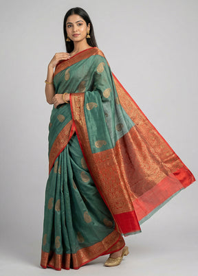 Blue Handloom Tussar Pure Silk Saree With Blouse Piece