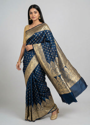 Blue Handloom Banarasi Pure Silk Saree With Blouse Piece