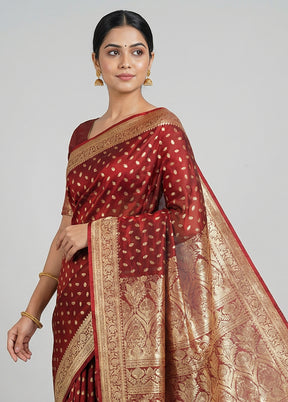Maroon Handloom Banarasi Pure Silk Saree With Blouse Piece