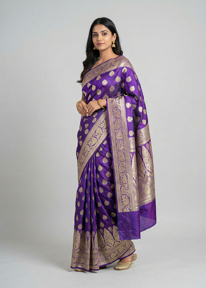 Purple Handloom Banarasi Pure Silk Saree With Blouse Piece