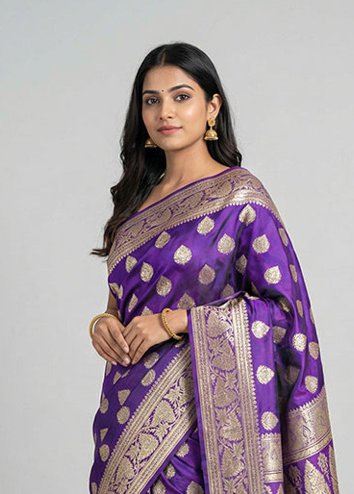 Purple Handloom Banarasi Pure Silk Saree With Blouse Piece