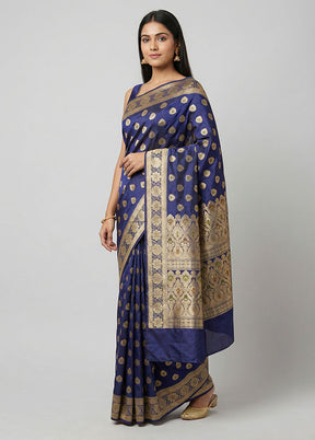 Blue Handloom Banarasi Pure Silk Saree With Blouse Piece