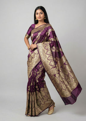 Purple Handloom Banarasi Pure Silk Saree With Blouse Piece
