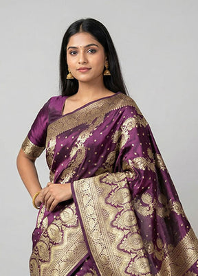 Purple Handloom Banarasi Pure Silk Saree With Blouse Piece