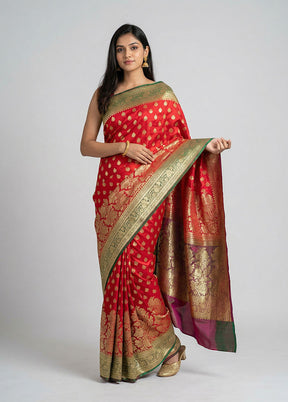 Red Handloom Banarasi Pure Silk Saree With Blouse Piece
