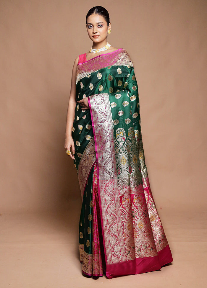 Green Handloom Banarasi Pure Silk Saree With Blouse Piece