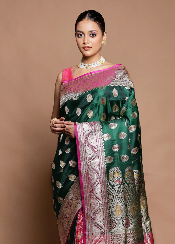 Green Handloom Banarasi Pure Silk Saree With Blouse Piece