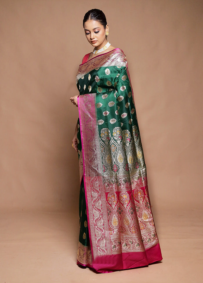 Green Handloom Banarasi Pure Silk Saree With Blouse Piece