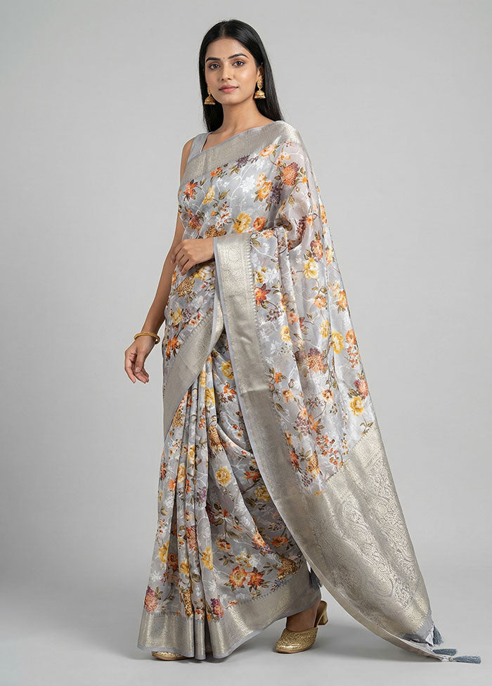 Grey Dupion Silk Saree With Blouse Piece