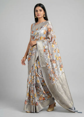 Grey Dupion Silk Saree With Blouse Piece