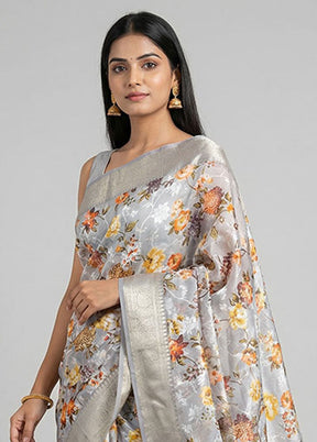 Grey Dupion Silk Saree With Blouse Piece
