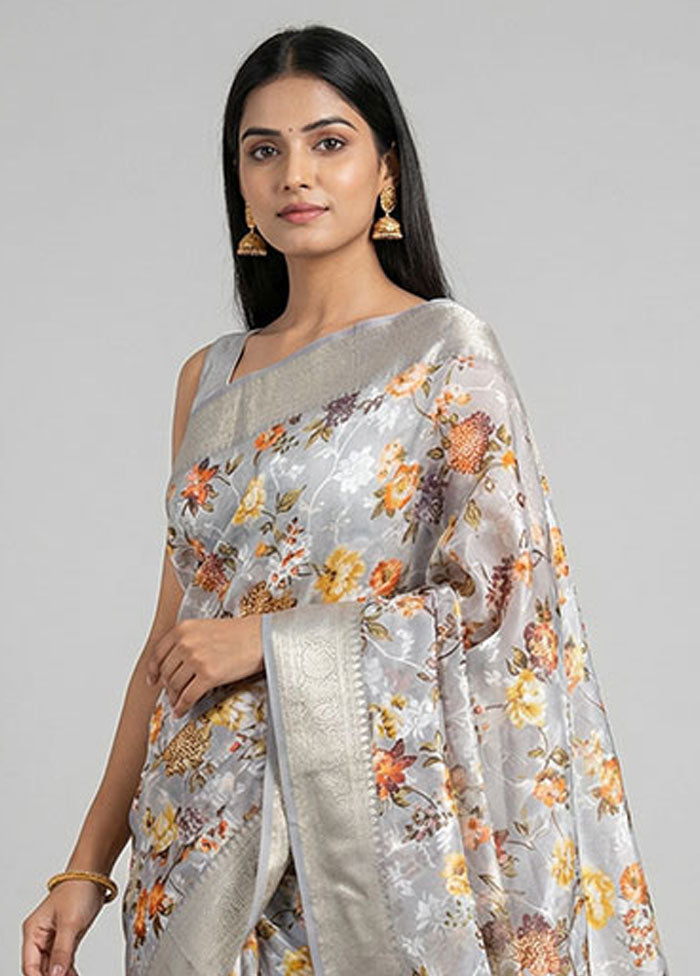 Grey Dupion Silk Saree With Blouse Piece