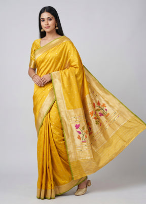 Yellow Handloom Katan Pure Silk Saree With Blouse Piece