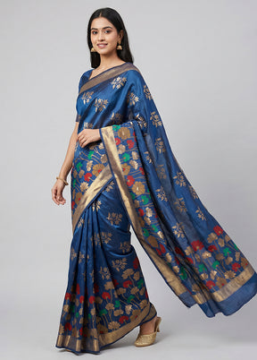 Blue Handloom Katan Pure Silk Saree With Blouse Piece