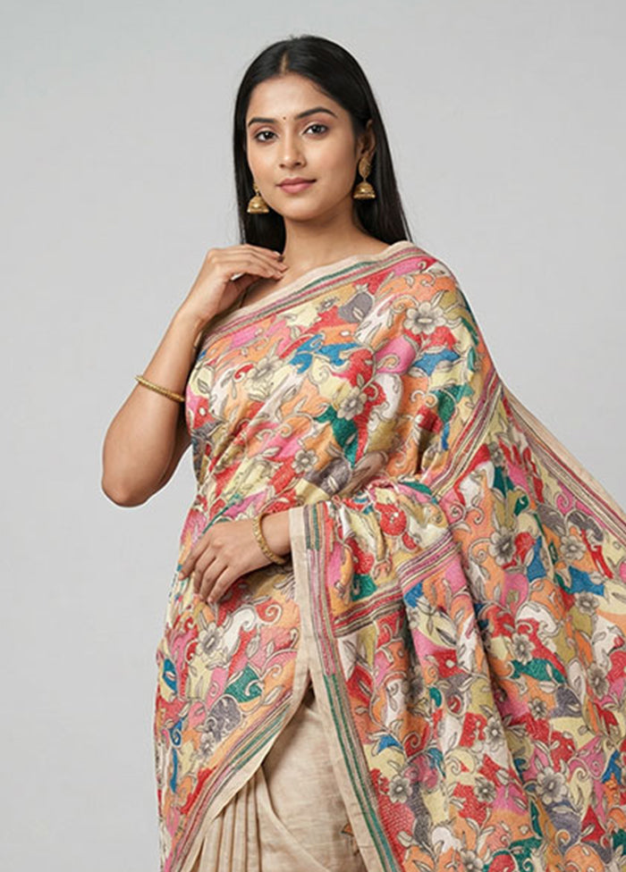 Cream Handloom Kantha Stitch Pure Silk Saree With Blouse Piece