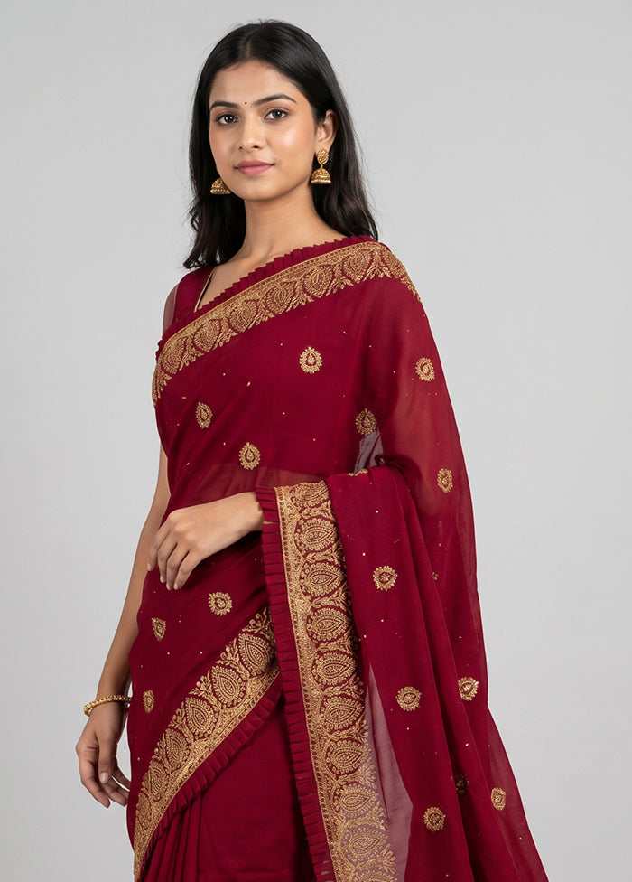 Maroon Georgette Saree With Blouse Piece