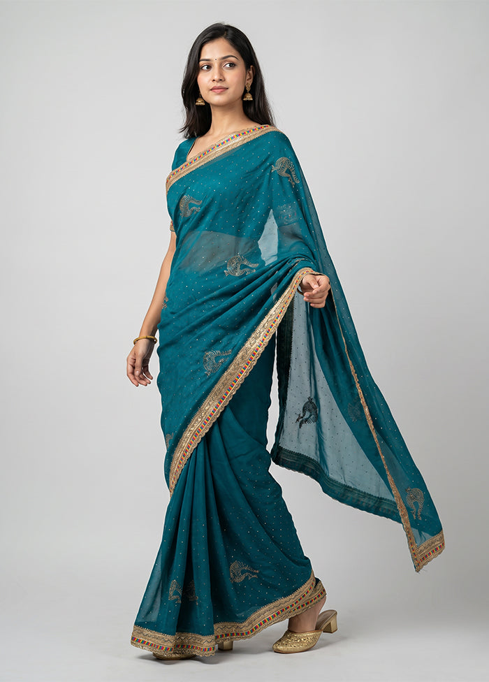 Green Georgette Saree With Blouse Piece