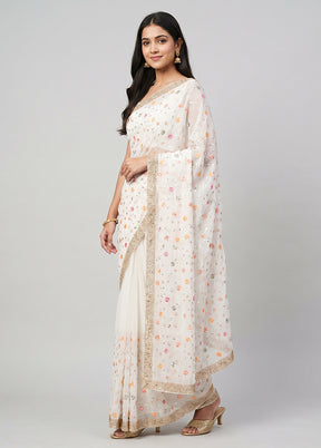 White Handloom Pure Georgette Saree With Blouse Piece