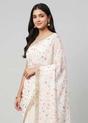 White Handloom Pure Georgette Saree With Blouse Piece