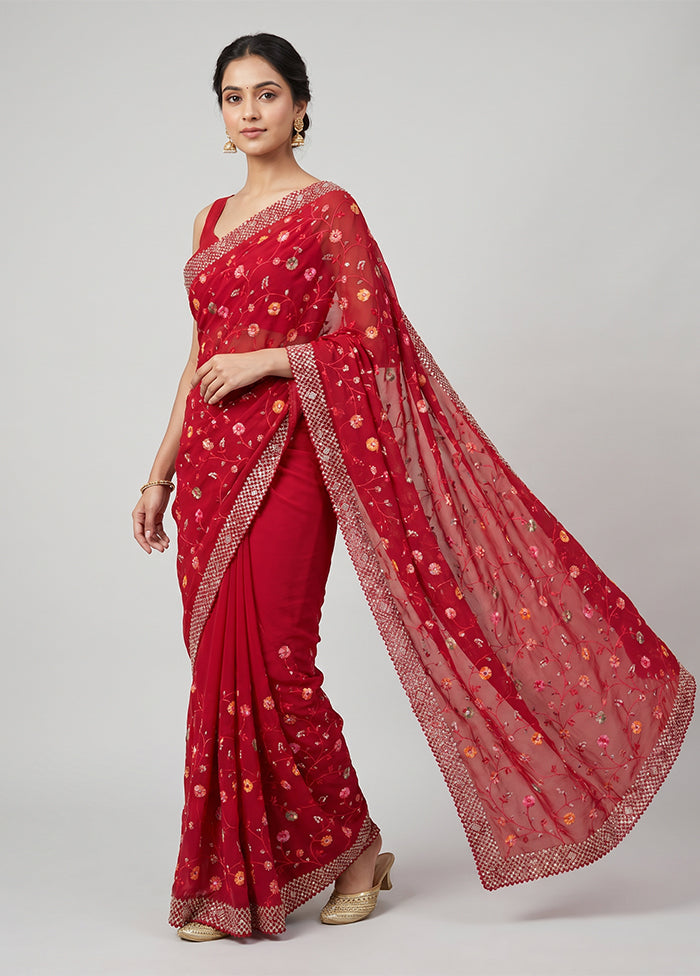 Pink Handloom Pure Georgette Saree With Blouse Piece