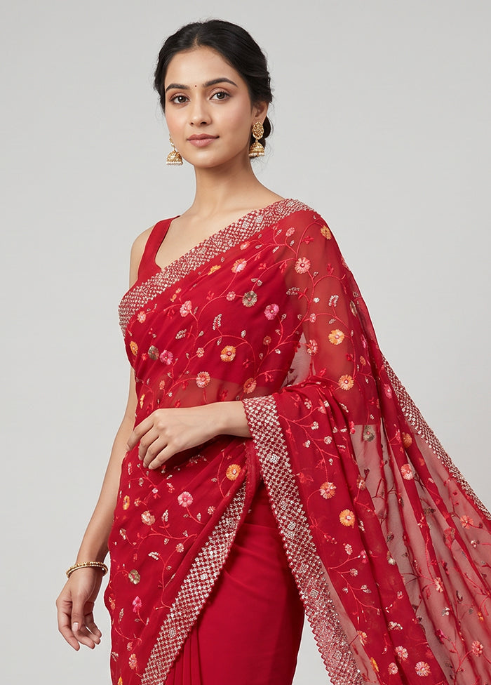 Pink Handloom Pure Georgette Saree With Blouse Piece