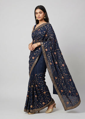 Blue Handloom Pure Georgette Saree With Blouse Piece