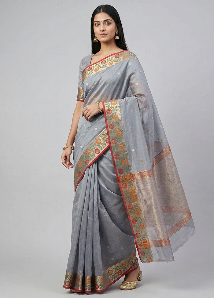 Grey Kora Silk Saree With Blouse Piece