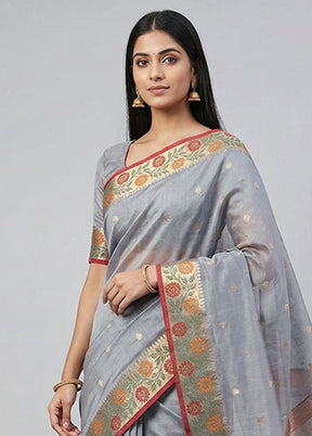 Grey Kora Silk Saree With Blouse Piece