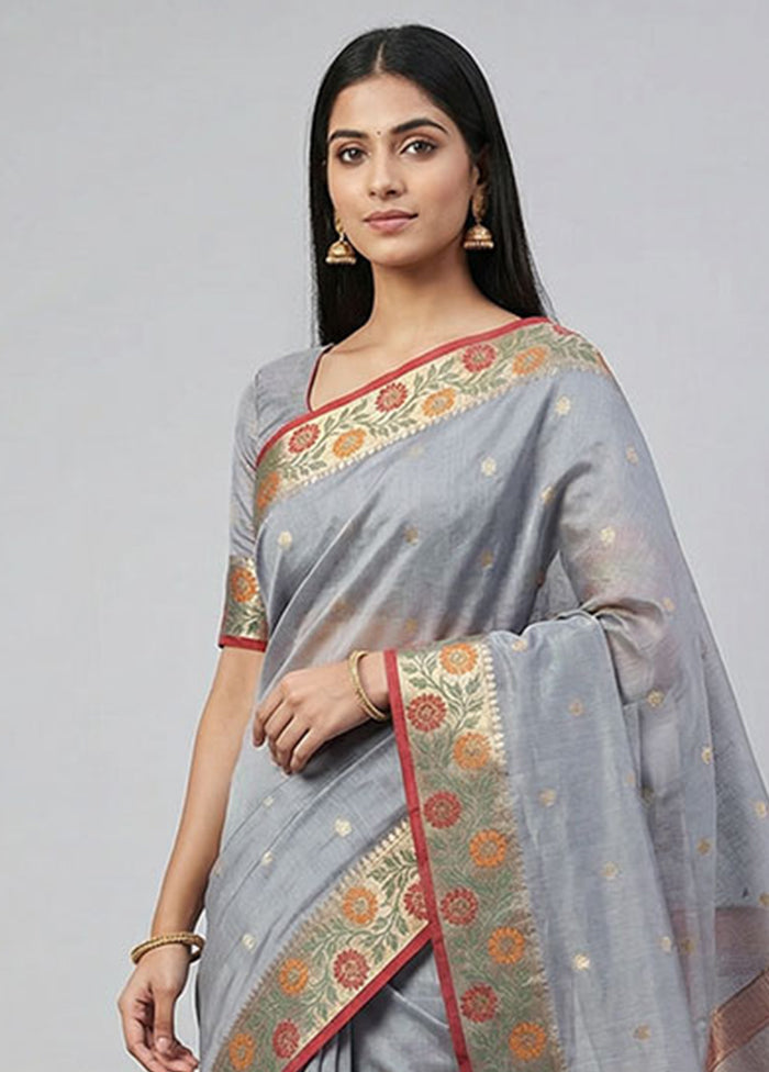 Grey Kora Silk Saree With Blouse Piece
