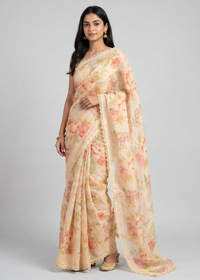 Cream Linen Silk Saree With Blouse Piece