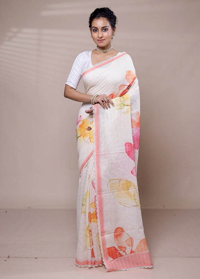 White Linen Silk Saree With Blouse Piece