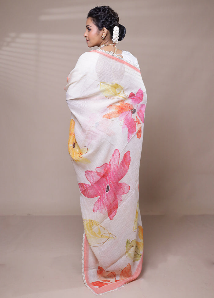 White Linen Silk Saree With Blouse Piece